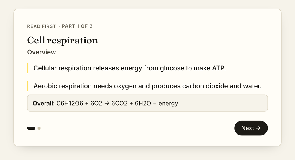 QuizlyNotes revision notes on cell respiration, shown as short key points before the quiz