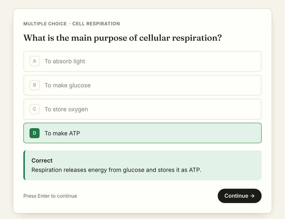 A QuizlyNotes multiple choice quiz question answered correctly, with an explanation